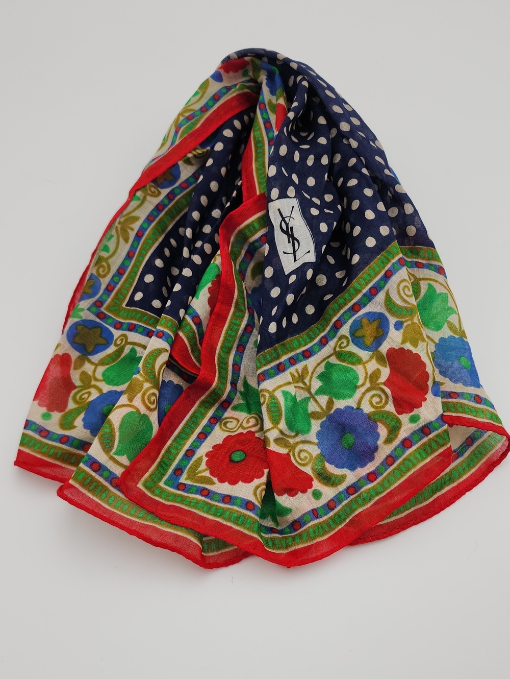 Yves Saint Laurent Navy Polka Dot Floral Silk Scarf with Red, Green 28 In Square